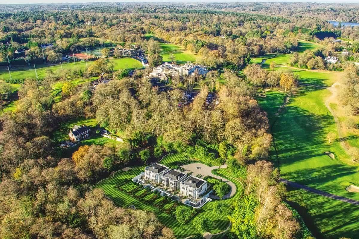 Aerial view of a grand house and landscaped grounds on the Wentworth Estate